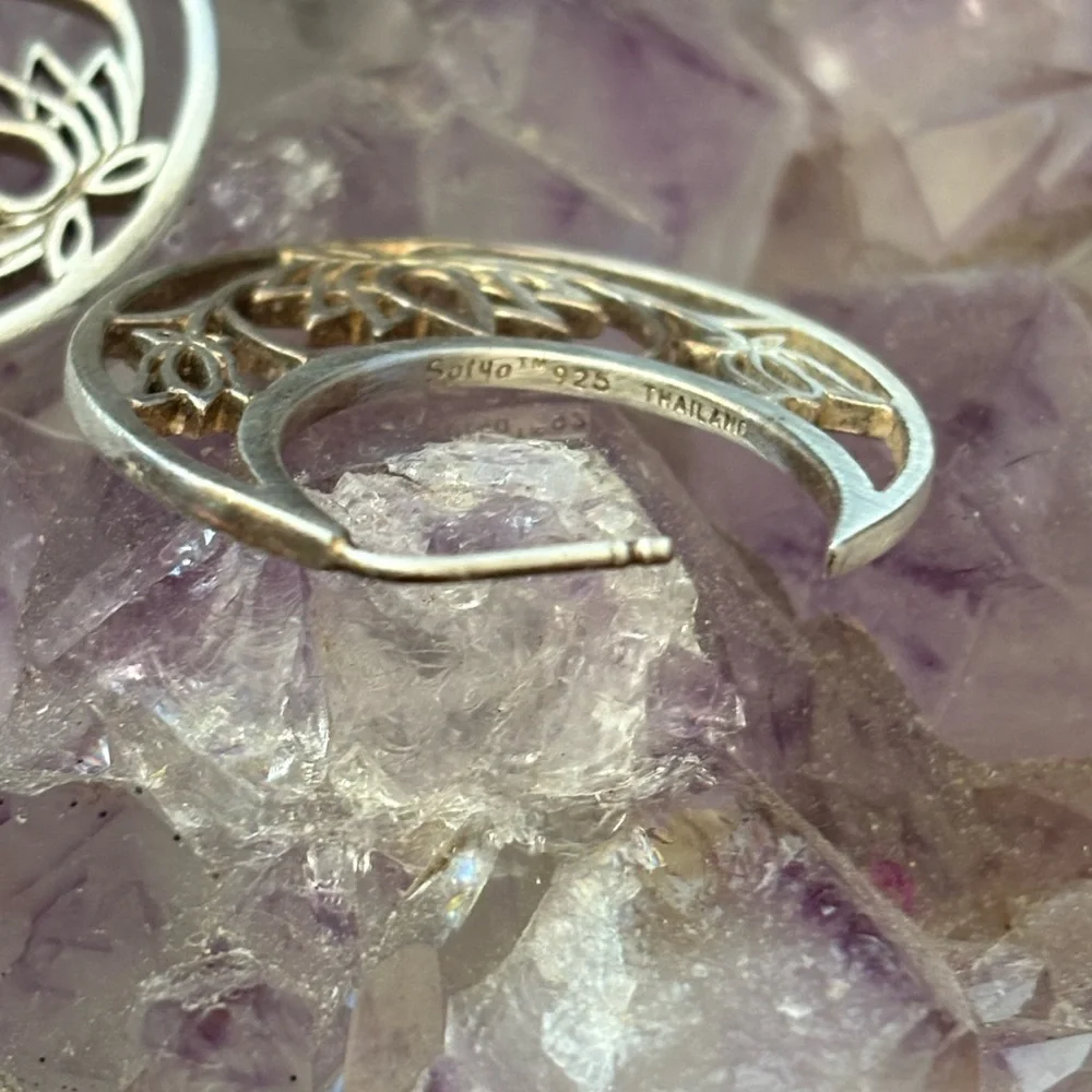 Silver Crescent Moon with Lotus Design Earrings